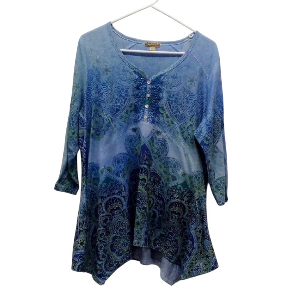 Emerge Blue and Green Bling Floral 3/4 Sleeve Women's Top